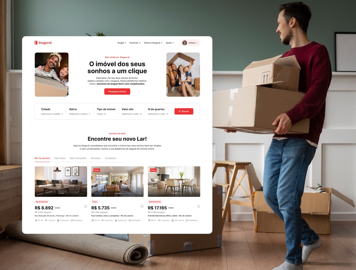 Imagem de layout do site AlugaJá, sobre foto de homem carregando caixa de mudança.