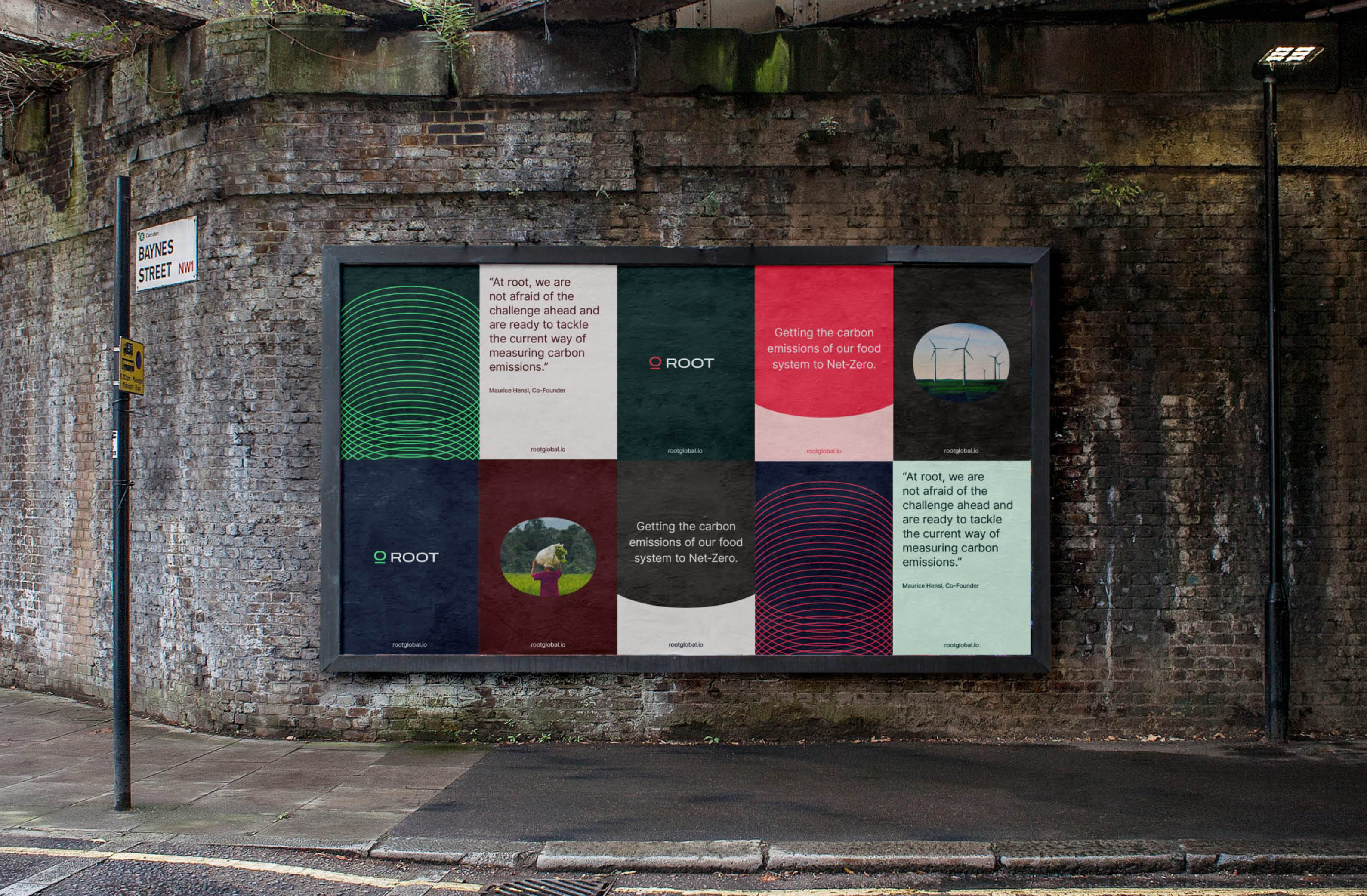 A vibrant street advertisement promoting Root's mission to measure and reduce carbon emissions for a sustainable food system.