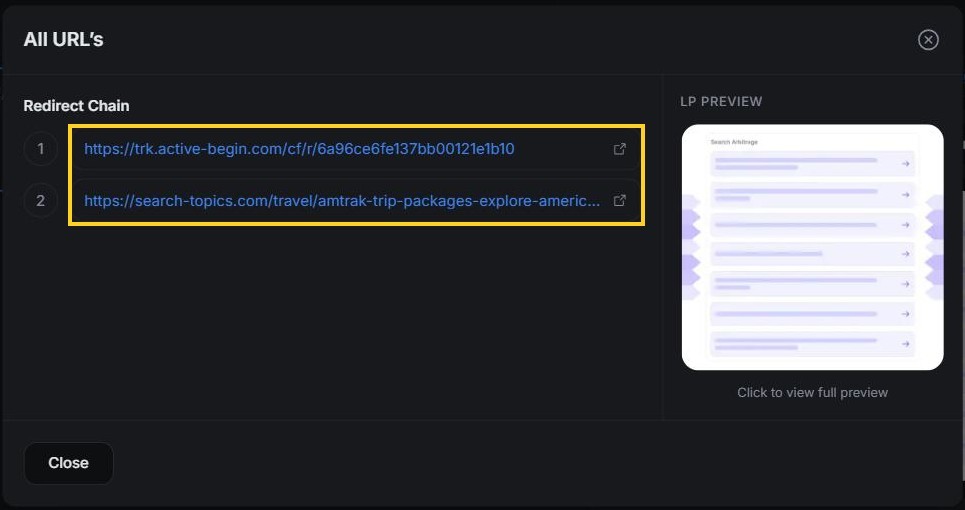 AdPlexity Social, the redirect chain of a Nustar Trenz Amtrak ad: trk.active-begin.com, then the search-topics.com article page