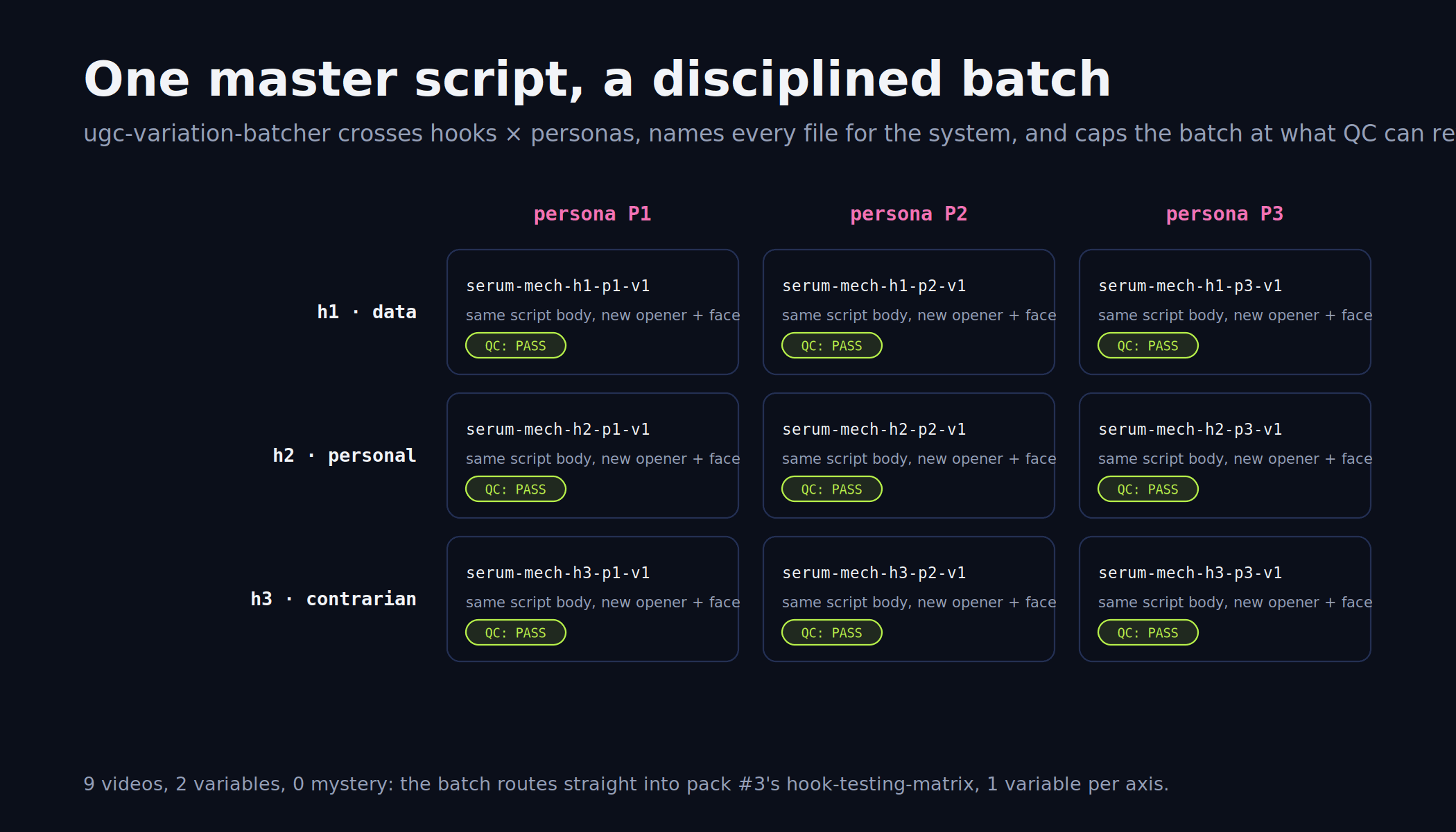 Mock of the variation batch: a 3 hooks by 3 personas matrix with system-readable file names and QC PASS chips