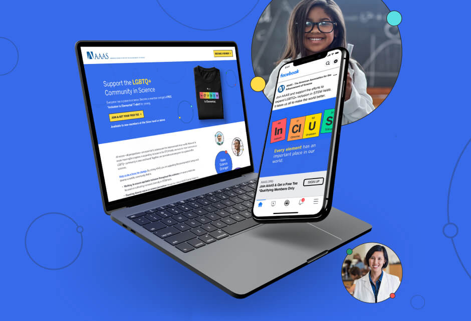 A laptop and smartphone display educational content supporting the LGBTQ+ community in science; two people’s profile photos are shown in circles on a blue background.