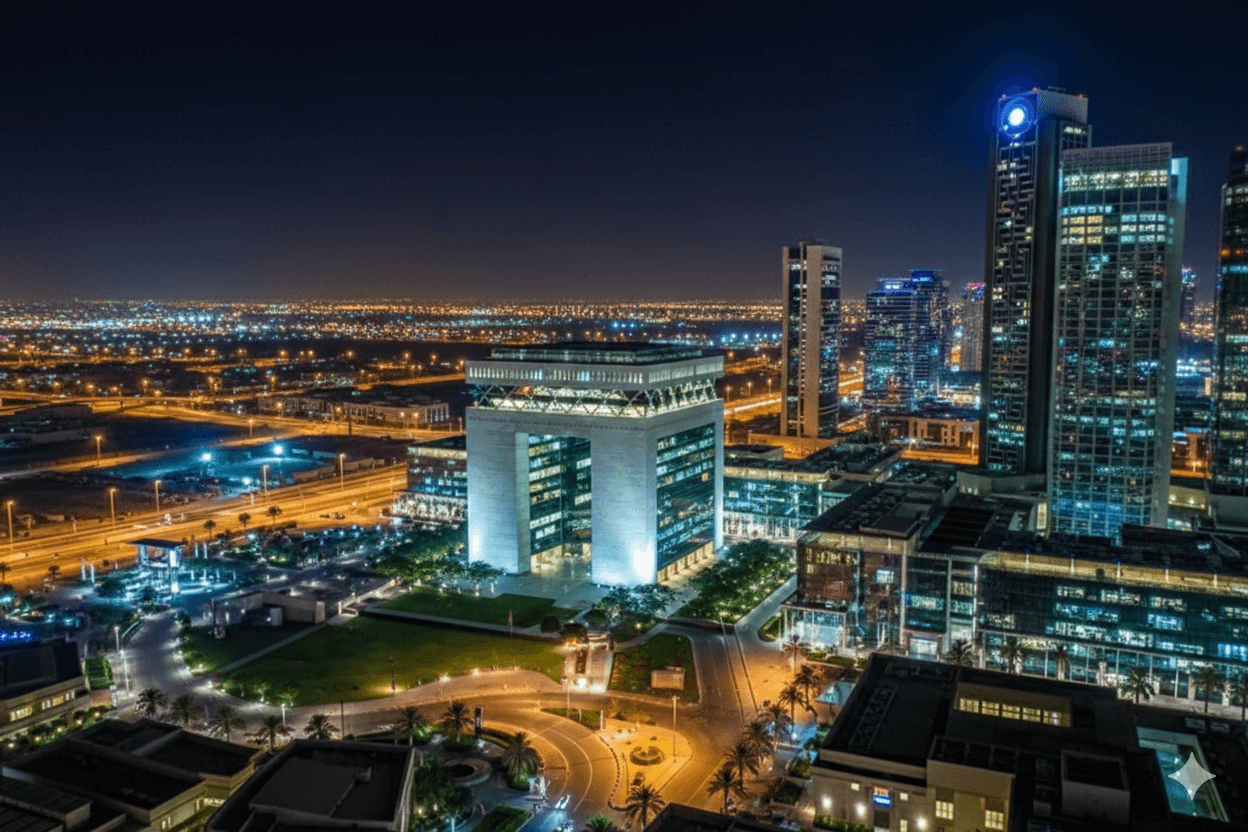 Aerial night view of The Gate building and skyscrapers in the Dubai International Financial Centre (DIFC) business district.