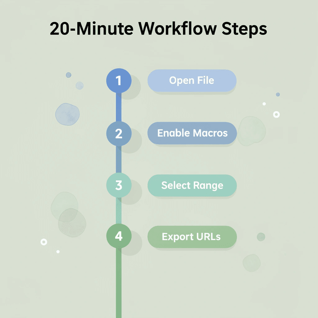Numbered steps infographic showing the five stages of the 20-minute URL extraction workflow