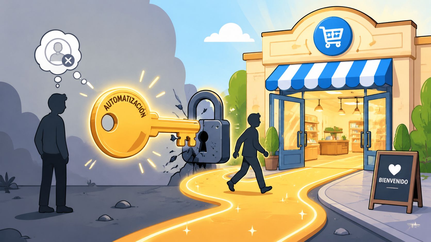 Una llave dorada de automatización abriendo una tienda, simbolizando el éxito del marketing en retail.