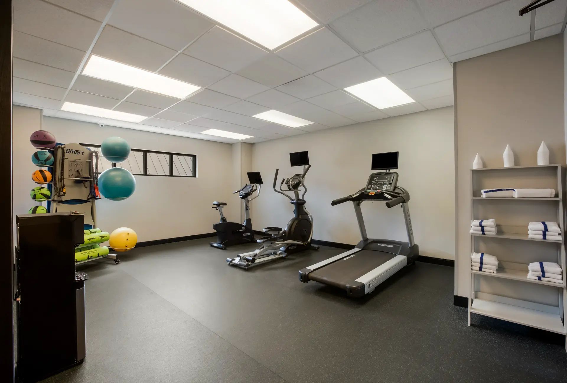 A fitness room with exercise equipment including two treadmills and two ellipticals, a shelf with towels, and a rack with medicine balls and yoga balls.