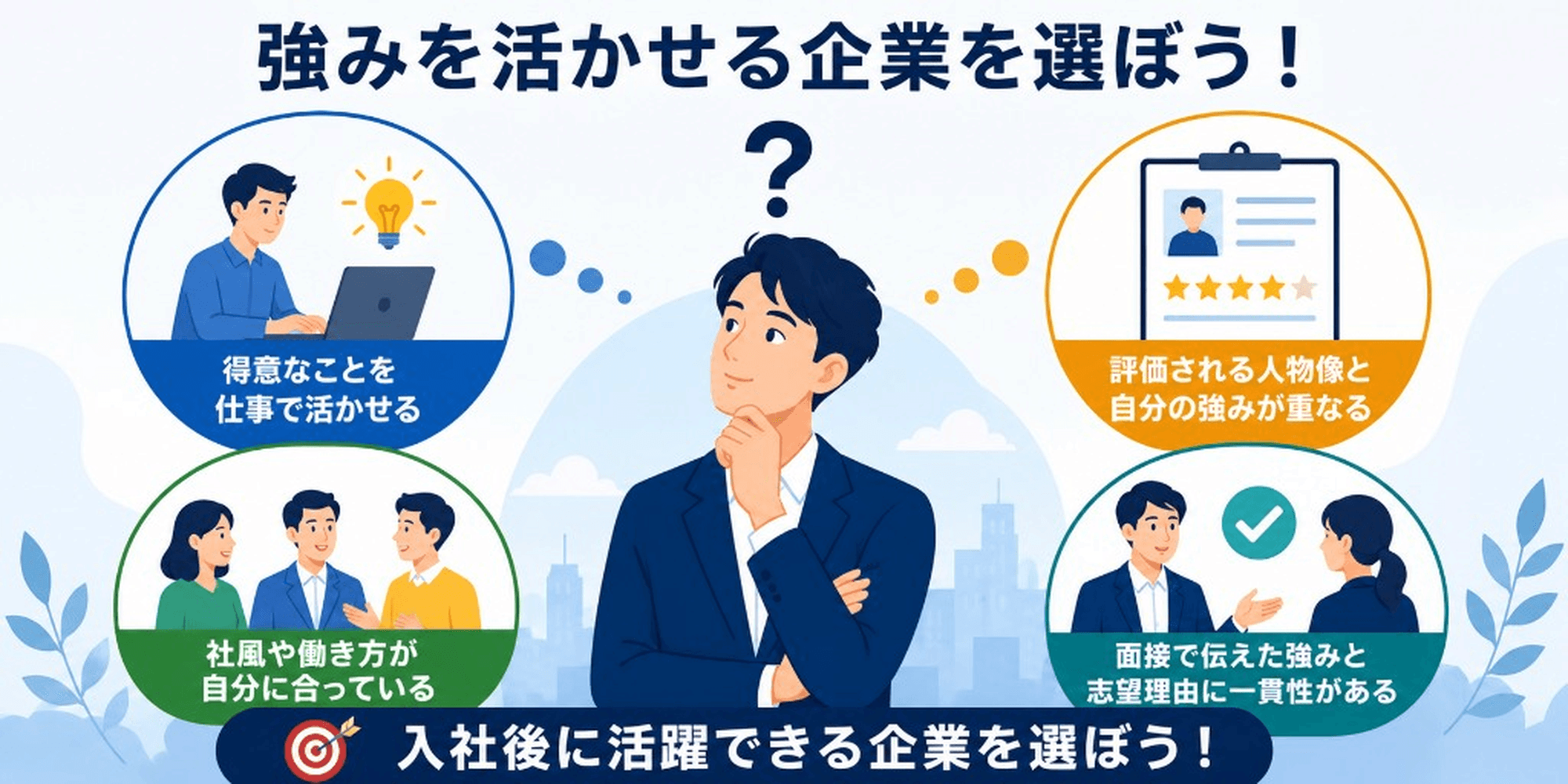 強みを活かせる企業を選ぼう!得意なことを仕事で活かせる・評価される人物像と強みが重なる・社風が自分に合っている・面接での強みと志望理由に一貫性がある