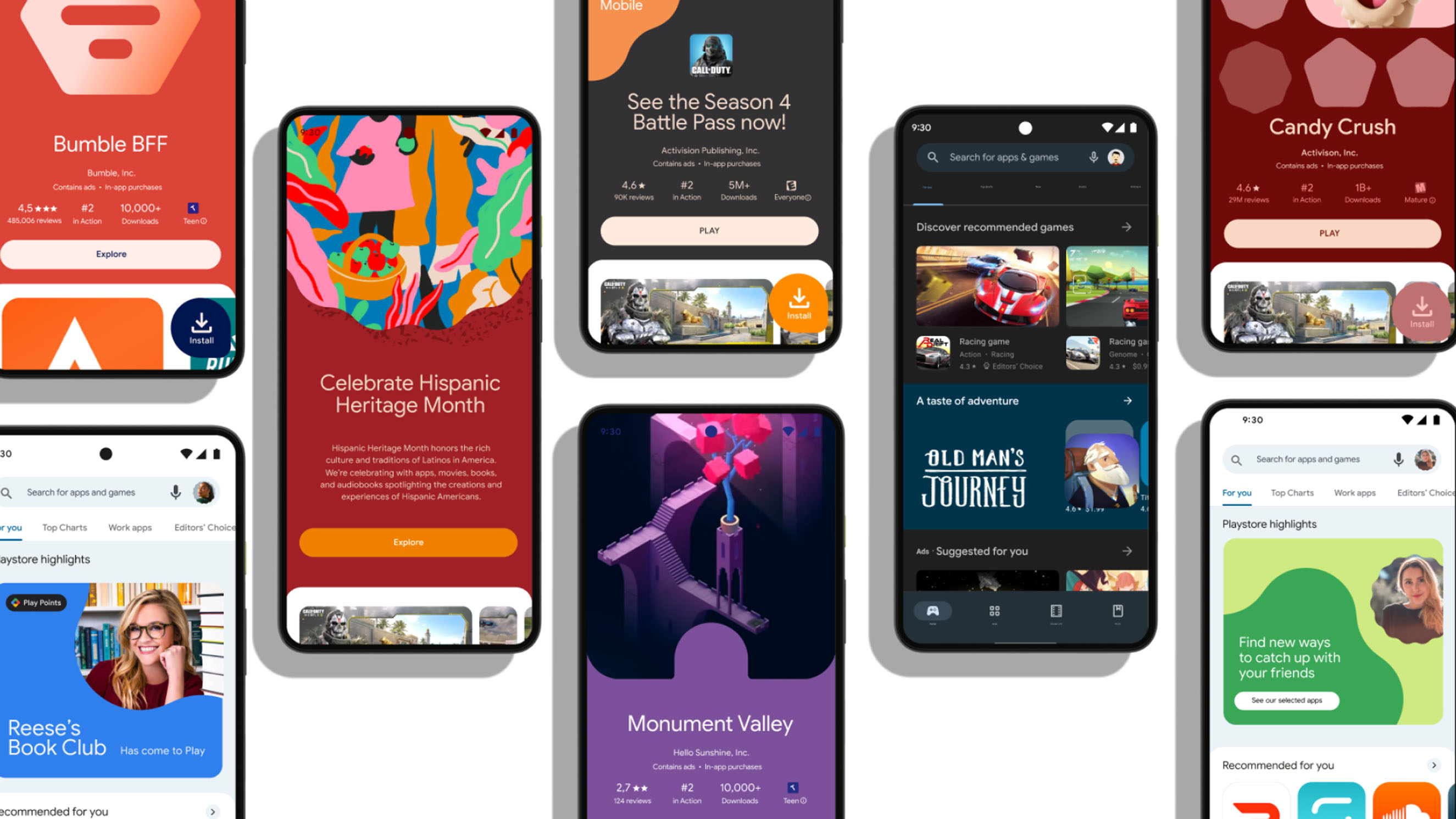 A collage of various smartphone screens displaying localized and themed content for the Google Play store. This UI/UX design showcase illustrates a versatile template system that maintains brand consistency across different apps, games, and editorial features.