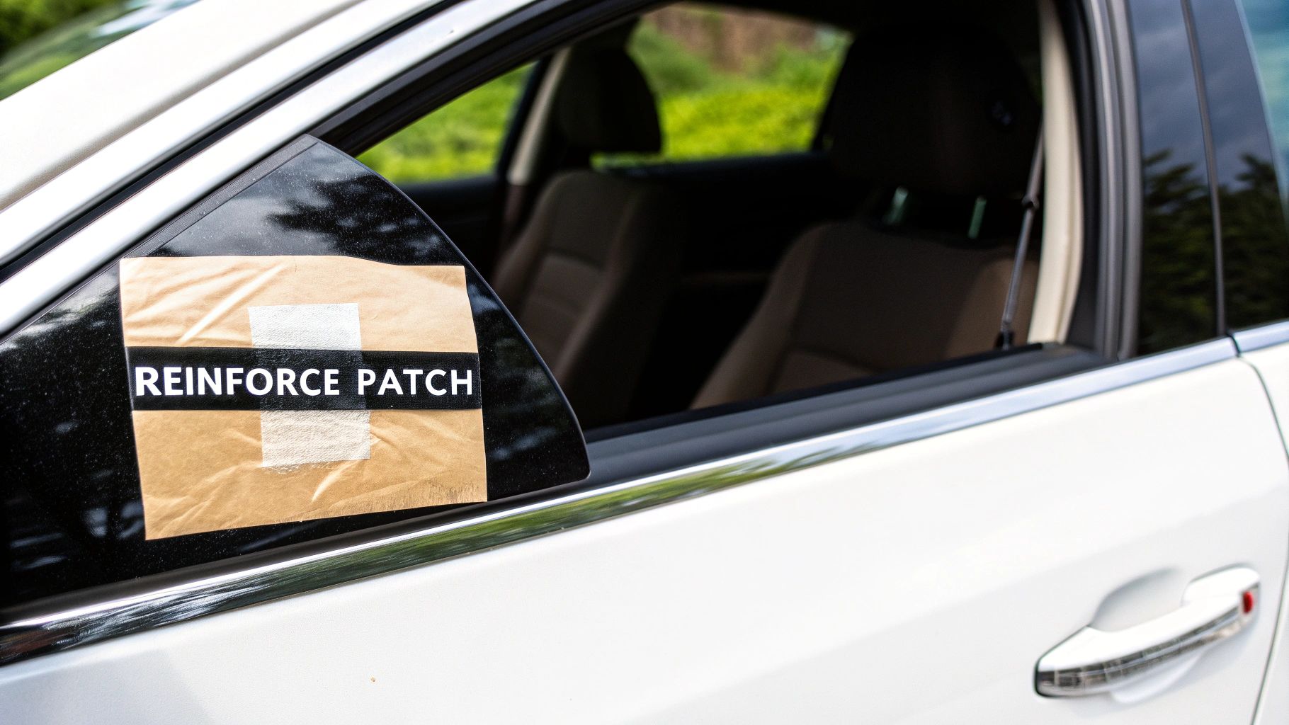 Temporary reinforce patch repair on car window using tape and cardboard for quick fix