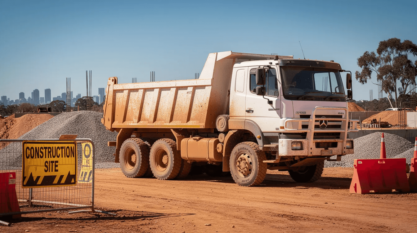 A commercial tipper truck is parked on a construction site in Australia under a clear blue sky, showcasing the vehicle's robust design and functionality for business purposes. This asset represents a key component of asset finance arrangements, enabling businesses to efficiently manage cash flow while acquiring essential equipment.