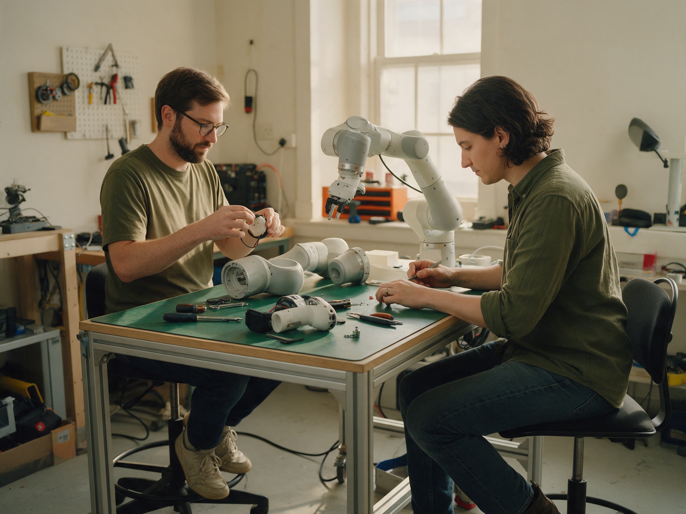 A robotics workshop with engineers at their benches