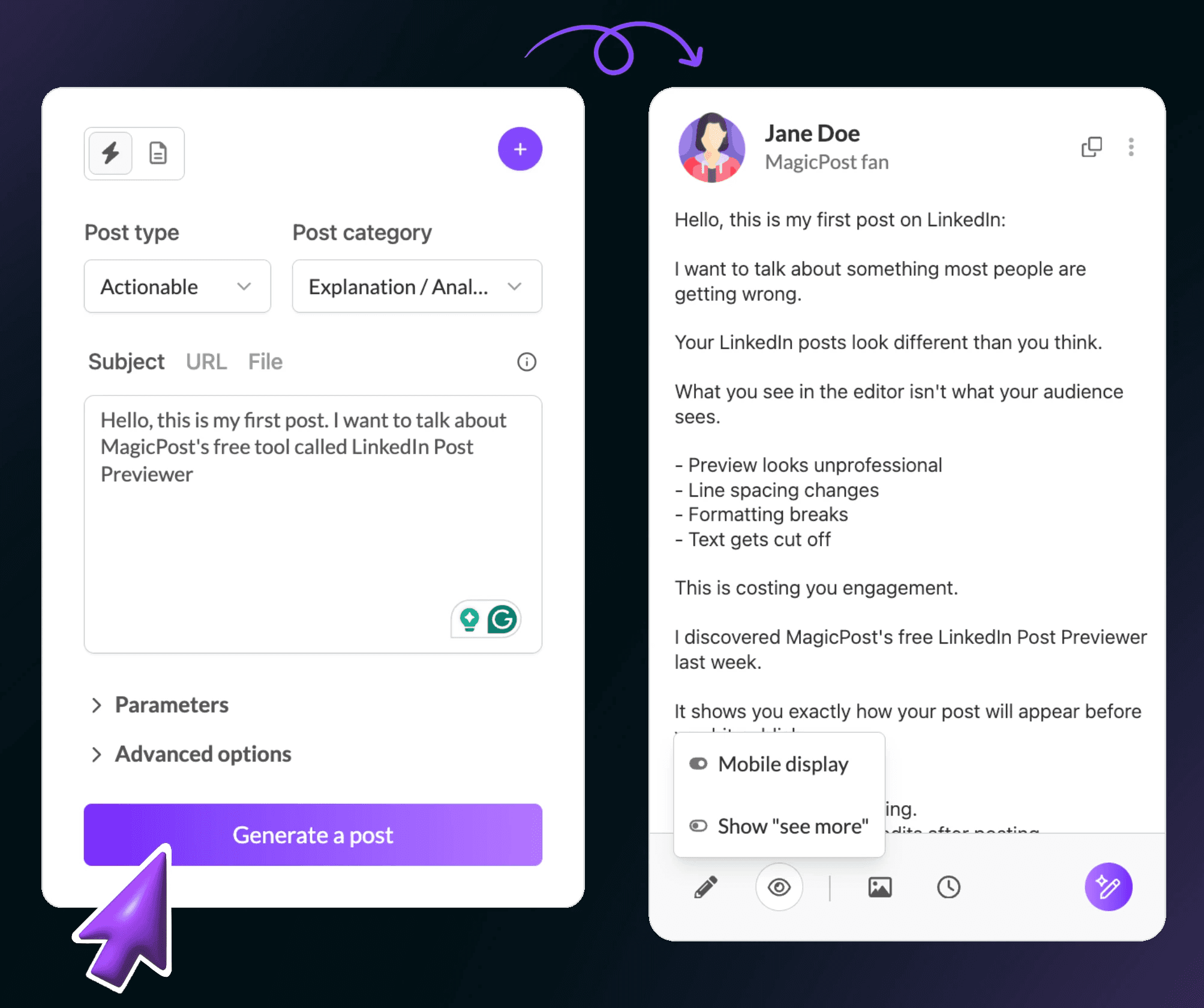 Examples on LinkedIn posts and where the see more appears