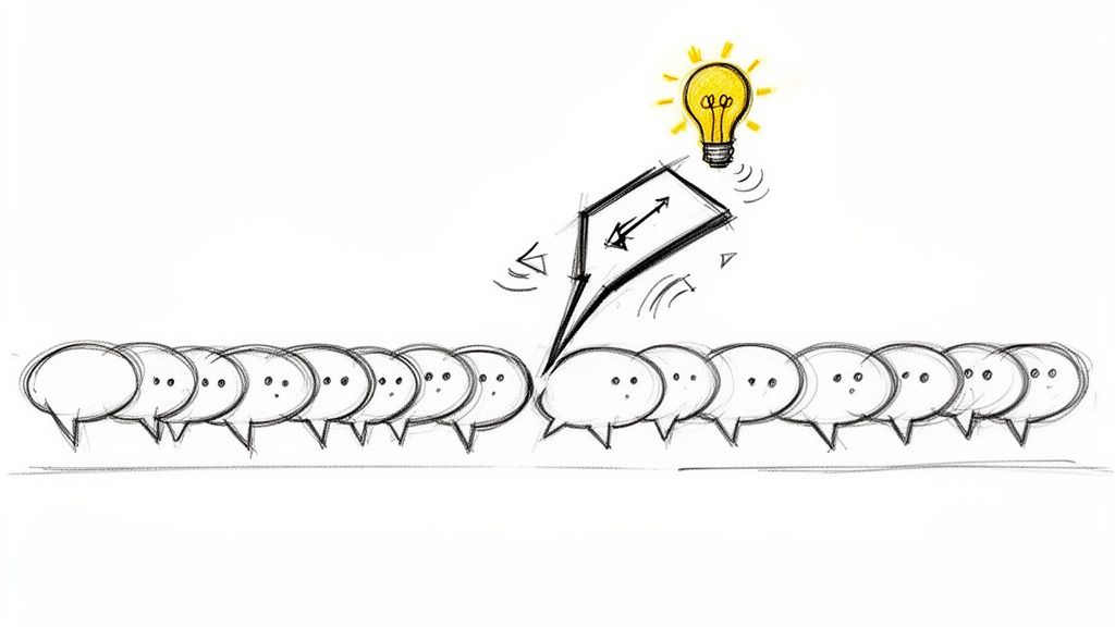 Hand-drawn illustration of speech bubbles with a central idea launching towards a glowing light bulb.