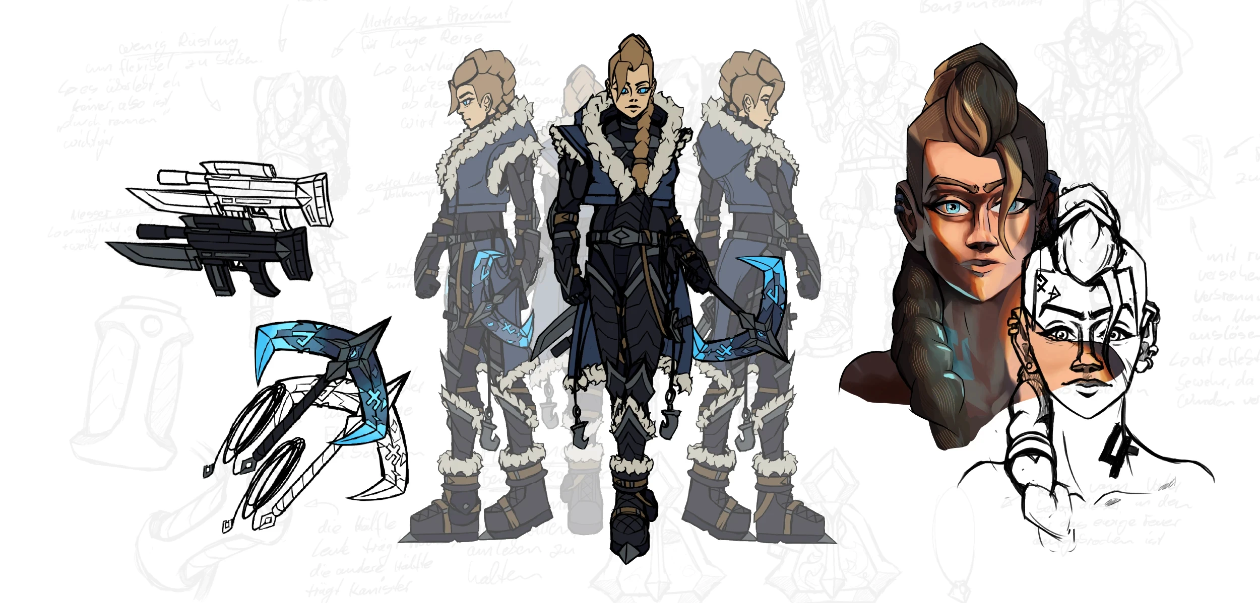 Illustration of the main character, referencing sketch concepts and tools