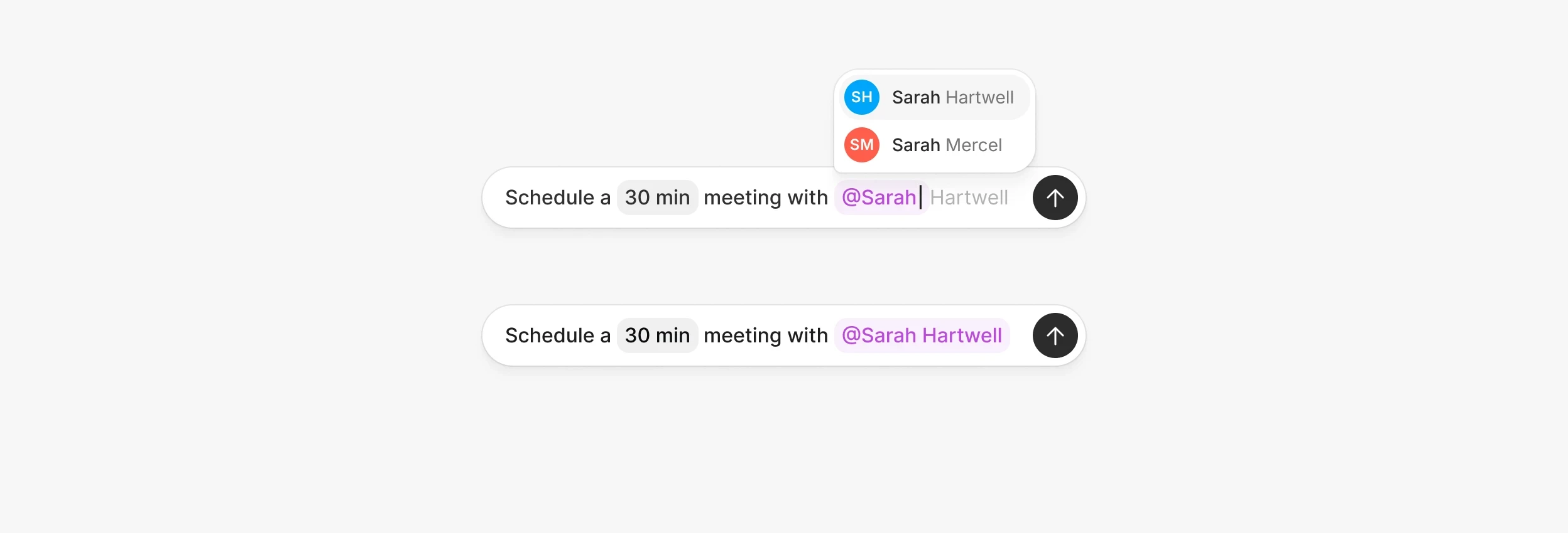 Typing a request to schedule a 30-minute meeting, with a person chip suggesting Sarah Hartwell