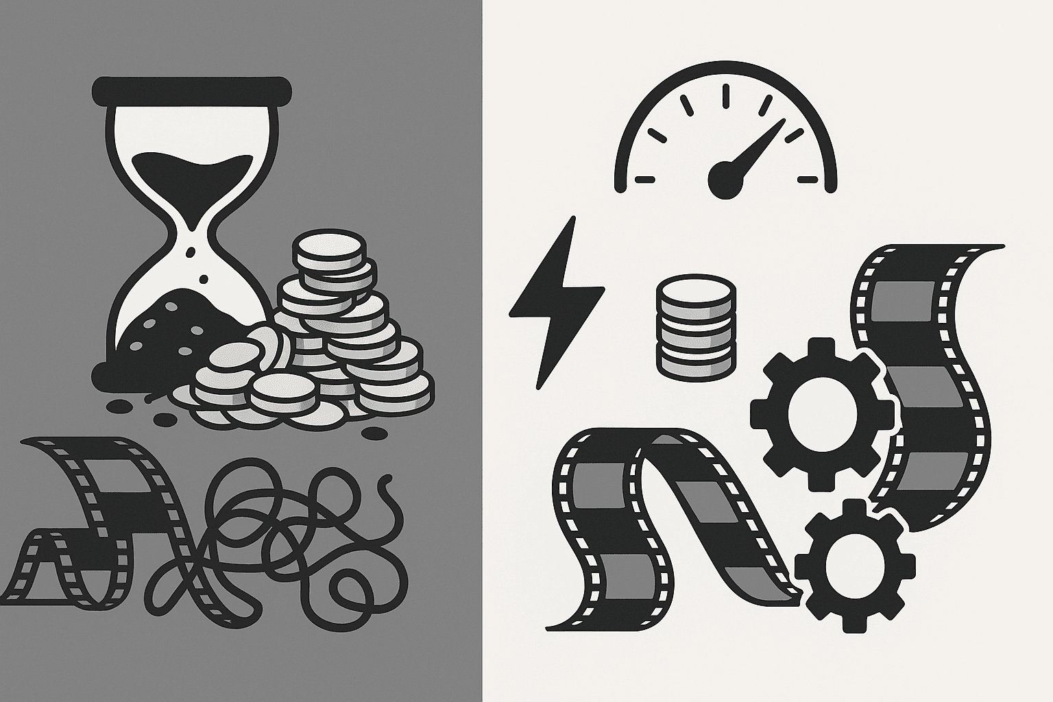 Split graphic contrasting slow costly manual editing icons with fast efficient AI editing symbols.