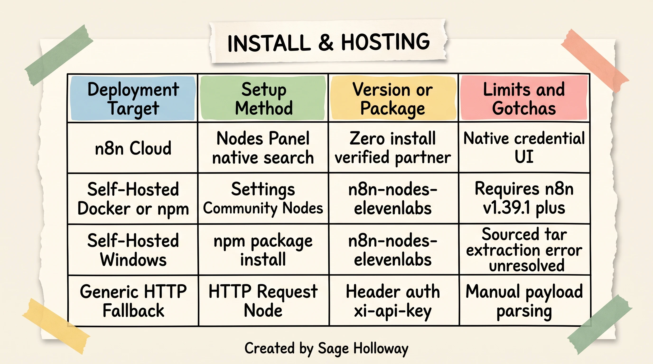 Comparison table of n8n Cloud native node, self-hosted community node, and generic header auth for ElevenLabs