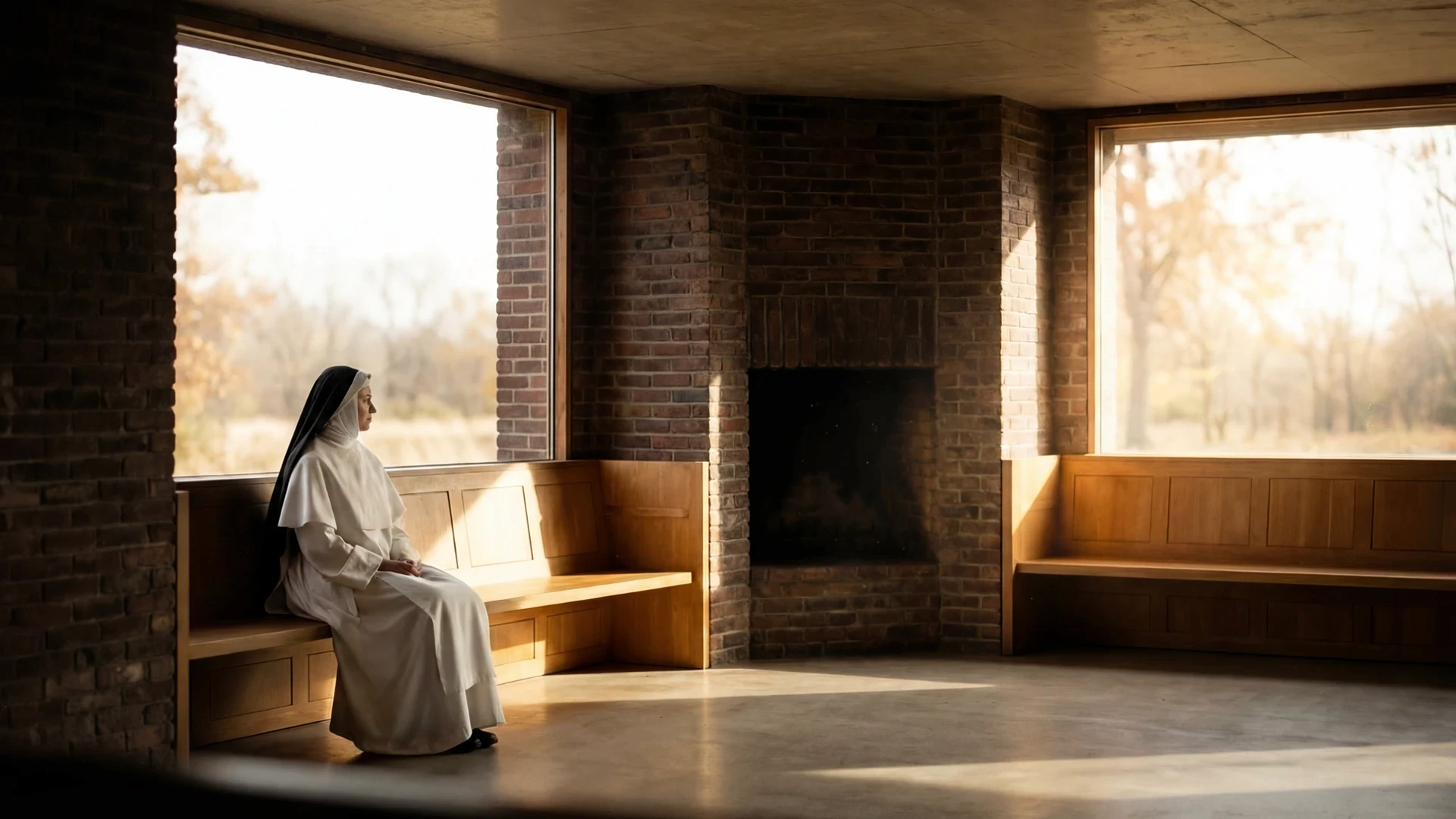 Dark interior with silhouetted figure and dramatic side light — Dominican Motherhouse I visualization