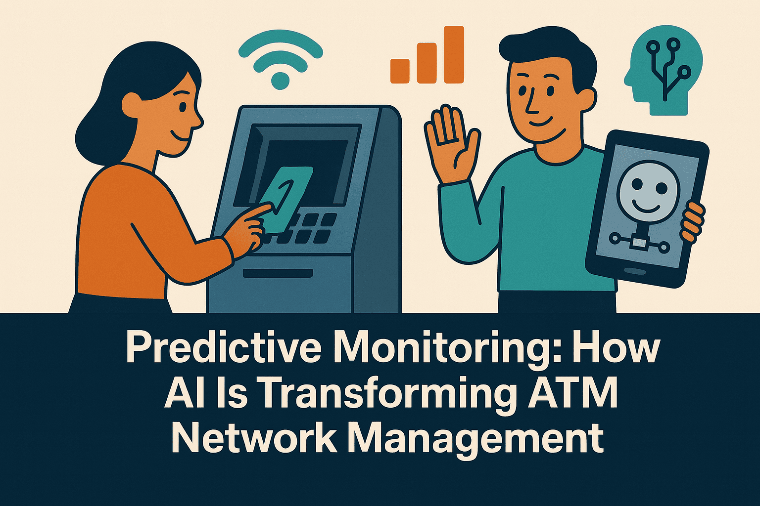Flat-style digital illustration of a woman inserting cash into an ATM while a man beside her holds a tablet displaying a smiling AI robot icon. Above them are icons representing Wi-Fi, data signals, and an AI head silhouette. The scene sits above a navy-blue bar with the blog title in bold white text: ‘Predictive Monitoring: How AI Is Transforming ATM Network Management’."
