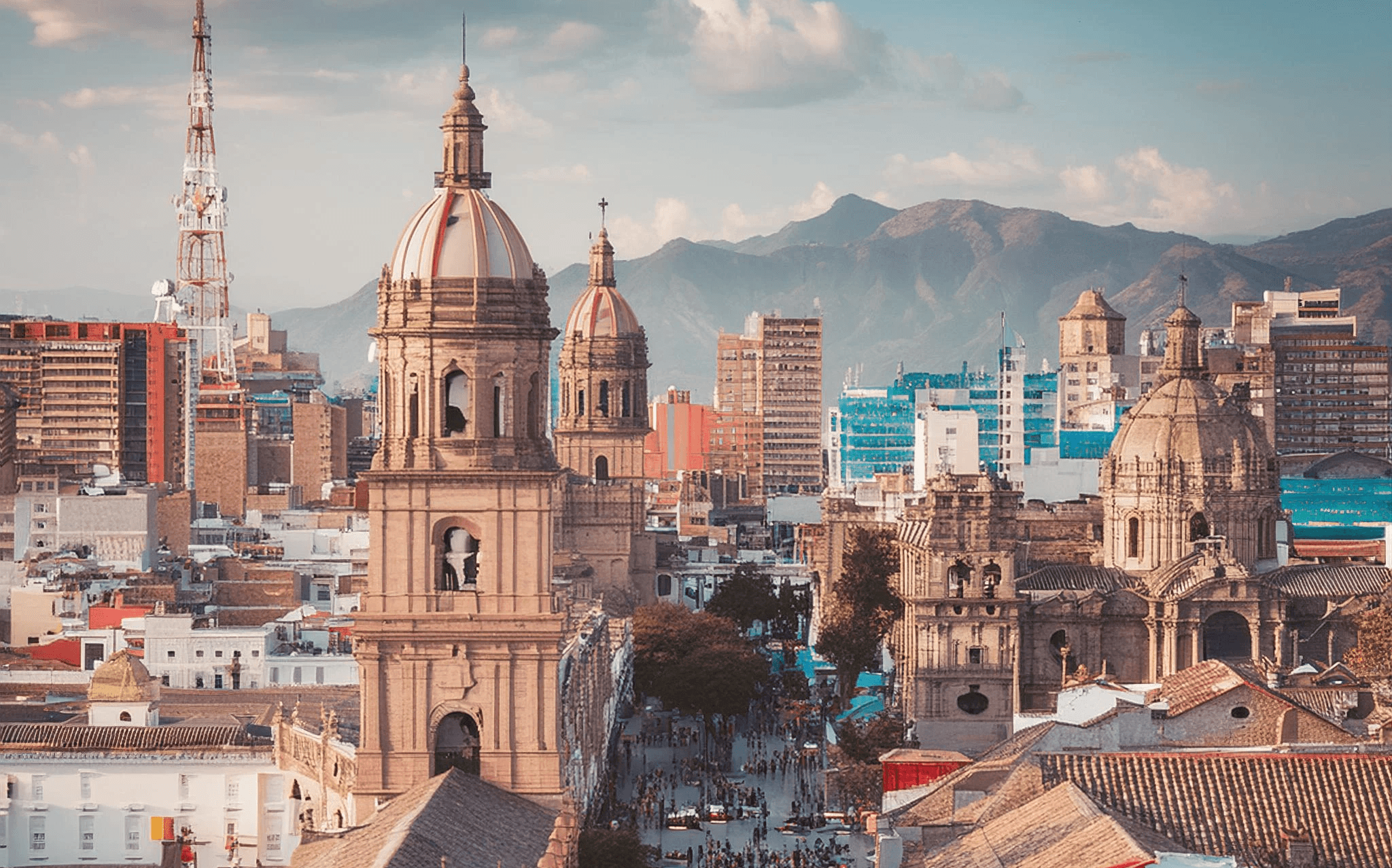 A vibrant cityscape with modern buildings, symbolizing economic growth and global connectivity