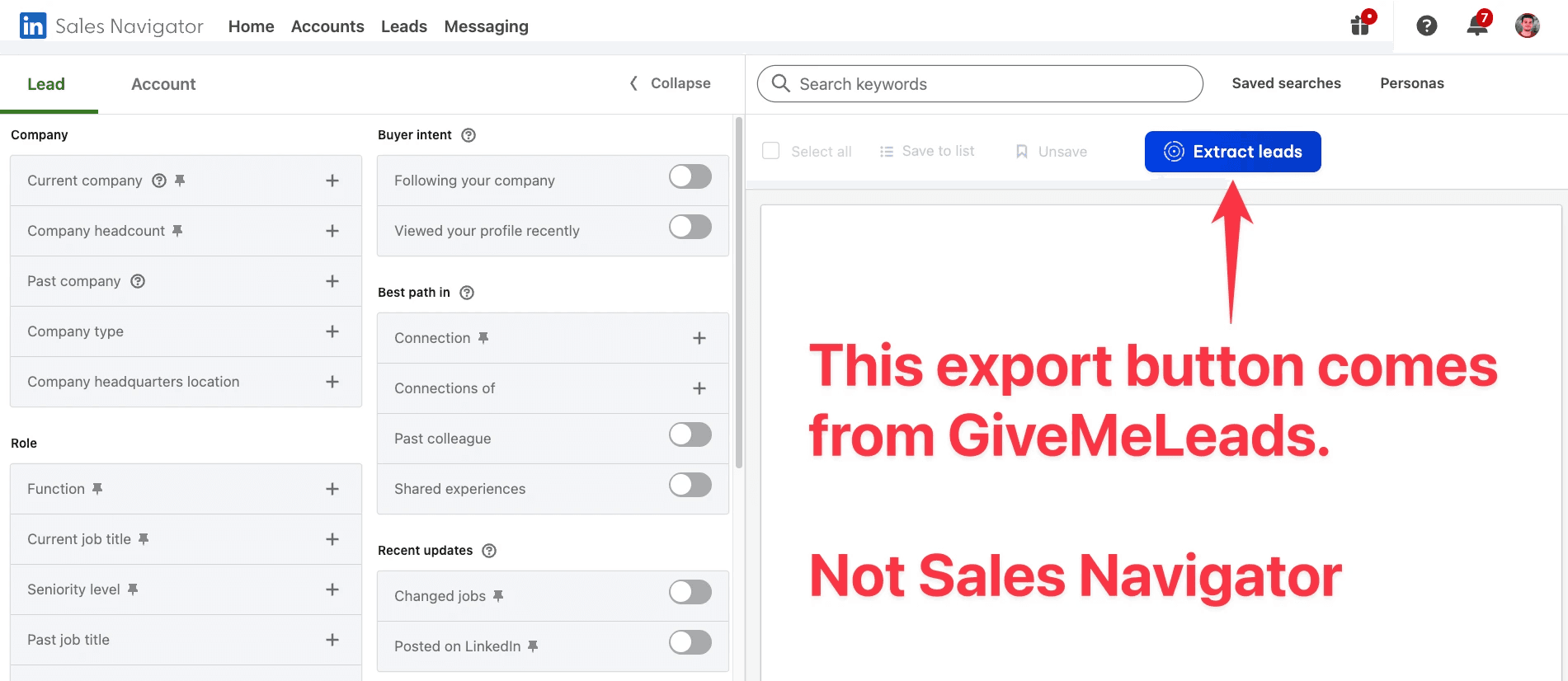Export leads from LinkedIn Sales Navigator with GiveMeLeads