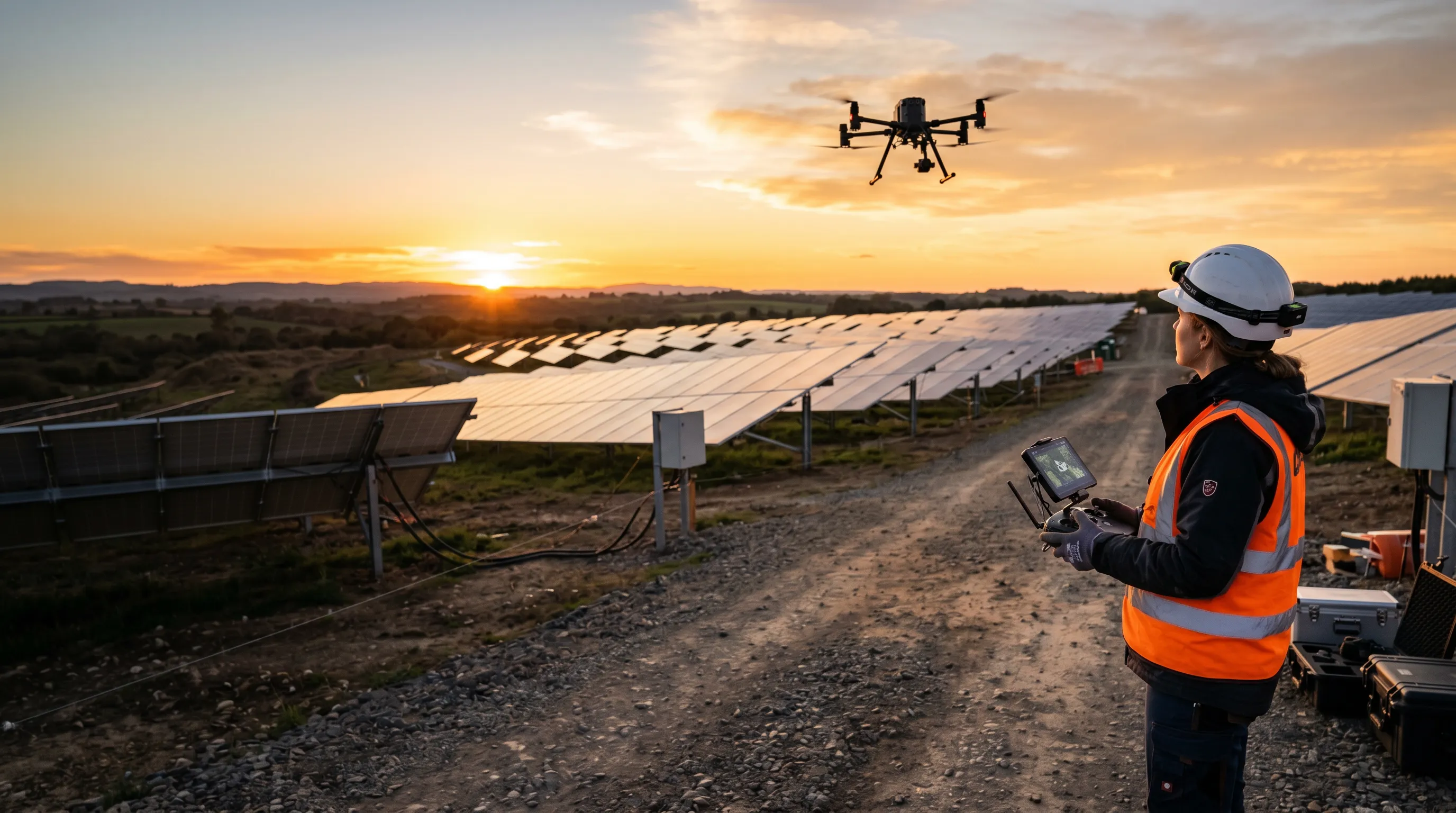 Engineer in safety gear standing beside solar panels at sunset on a solar farm site.