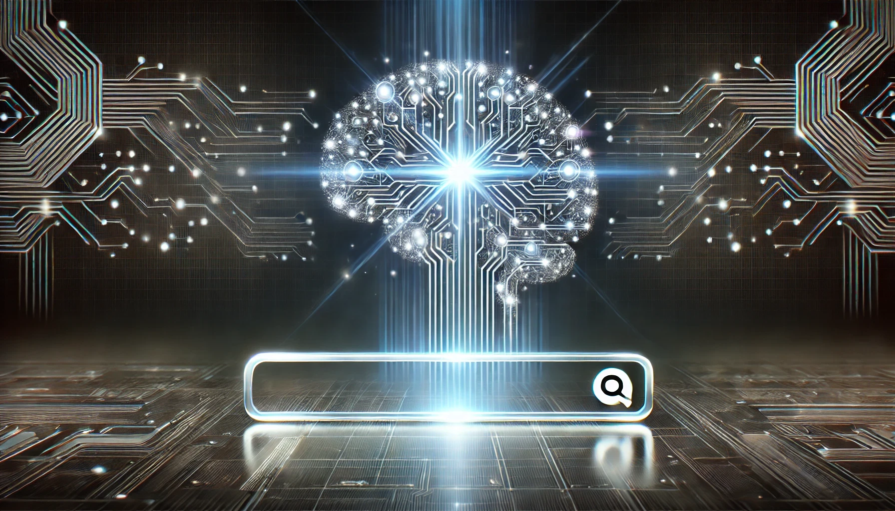 a glowing AI brain hovering above a Google-like search bar, symbolizing AI powering SEO