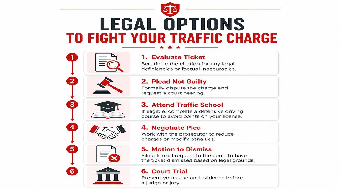 An infographic showing six legal options to fight a traffic charge, displayed in a numbered list format.
