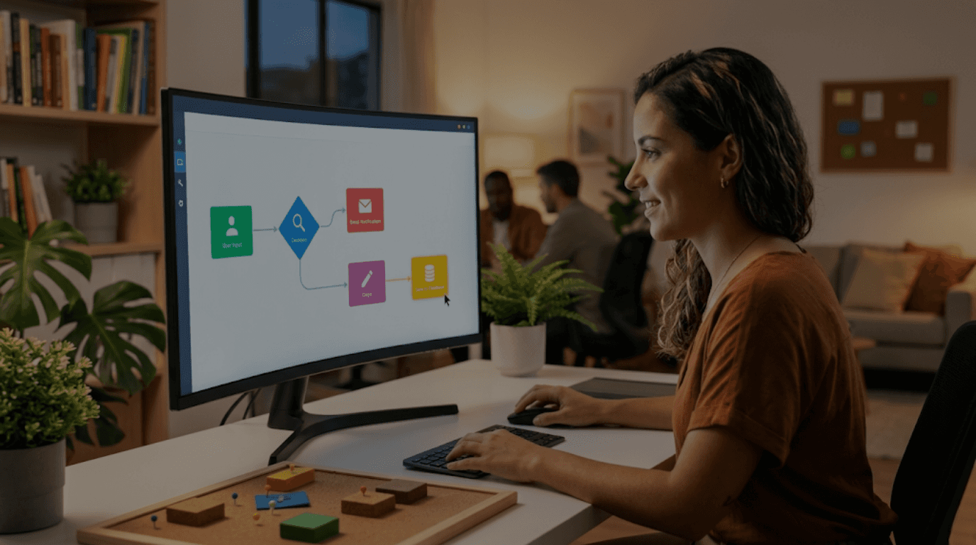 low code no code business person building app, visual development platform small business, desenvolvimento visual aplicativo PME