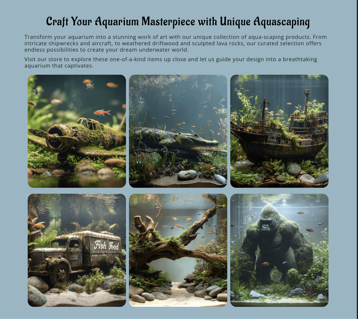 An arrangement of themed aquariums designed to inspire