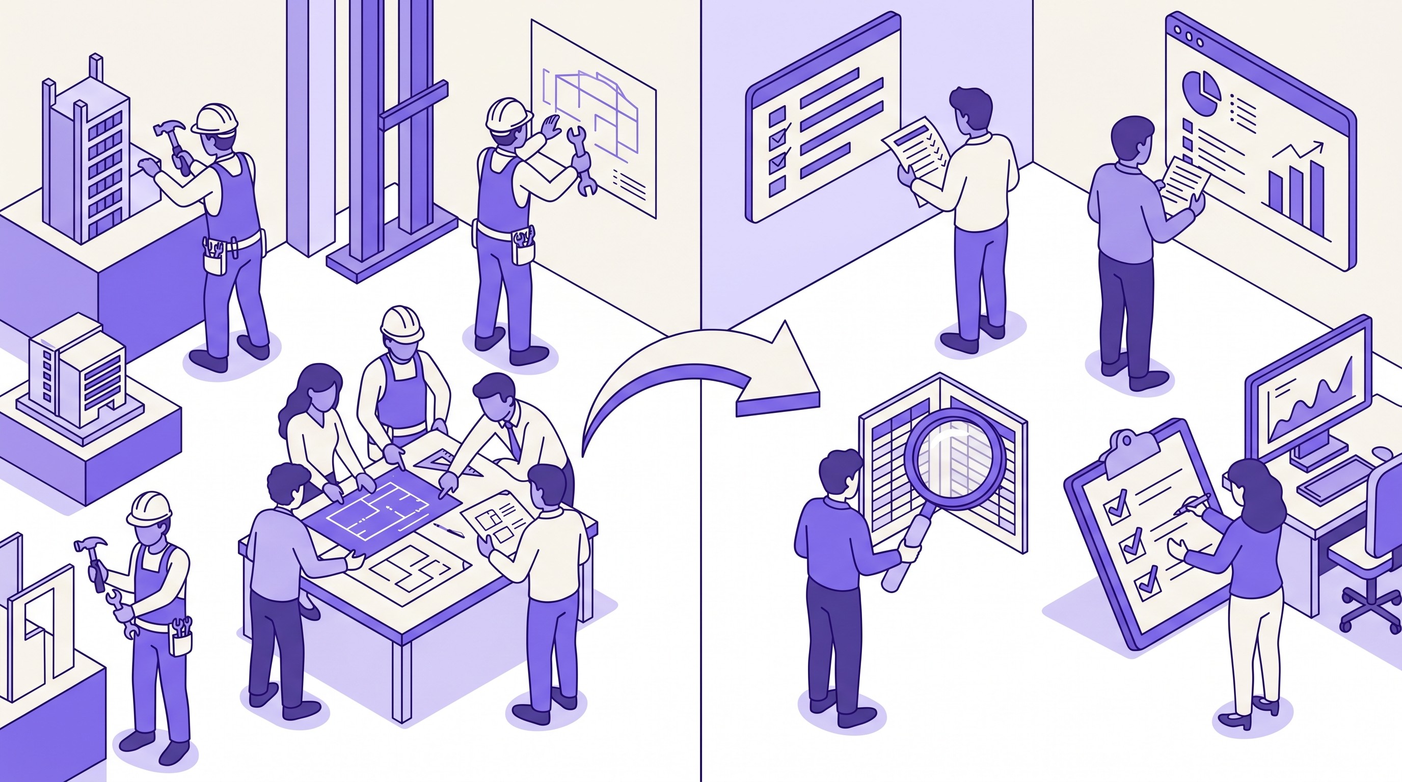 Isometric split scene with construction workers on one side holding tools and blueprints, and auditors on the other reviewing a checklist with magnifying glass, with a curved arrow suggesting transition