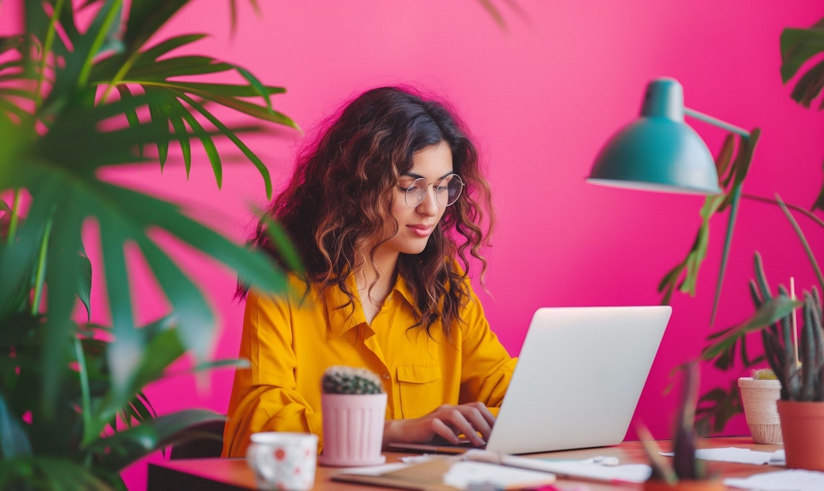 woman making a wishlist sitting at her laptop in pink room