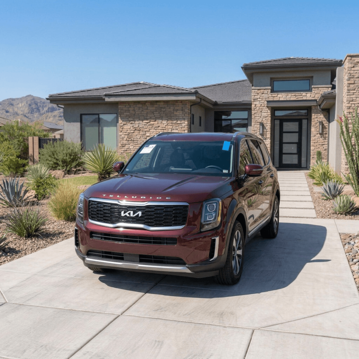 New windshield installed on a red Kia Telluride at a residence in Tolleson, Arizona