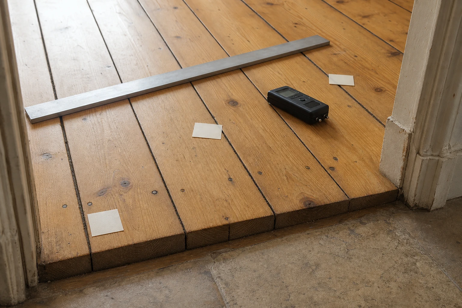Contrôle de l’humidité, de la planéité et de l’épaisseur d’un vieux plancher en pin