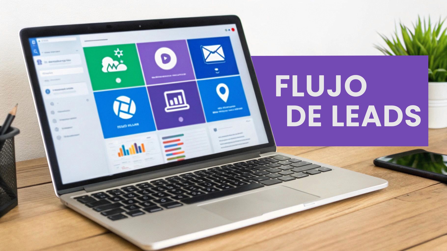 Una persona trabajando en un portátil con diagramas de flujo de leads flotando alrededor