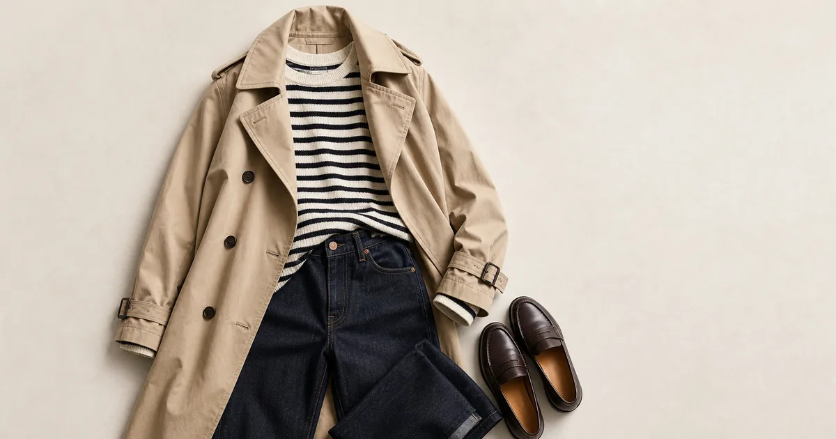 trench + striped knit + dark jeans + loafers arranged on a warm ivory background
