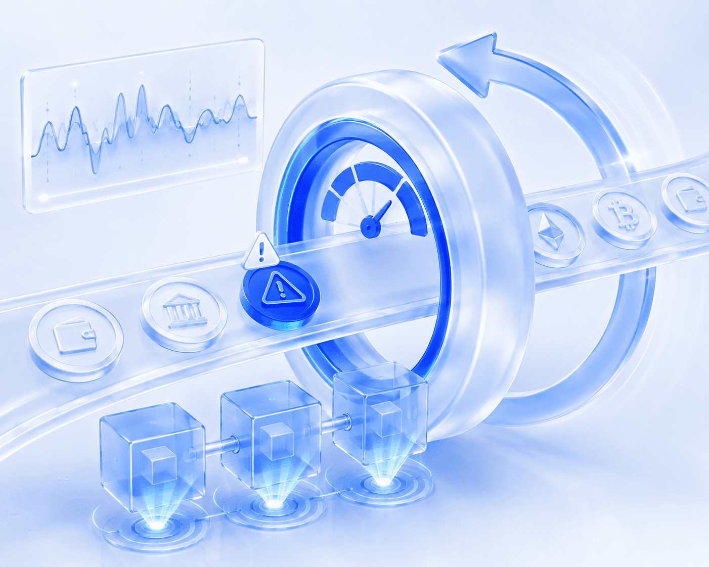 3D illustration of a continuous monitoring dial assessing transaction signals and raising a risk alert on a live activity chart