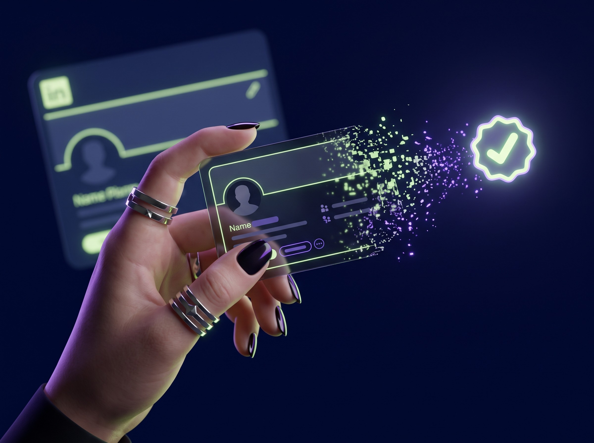 A hand holding a digital ID card dissolving into data particles that stream toward a verification badge