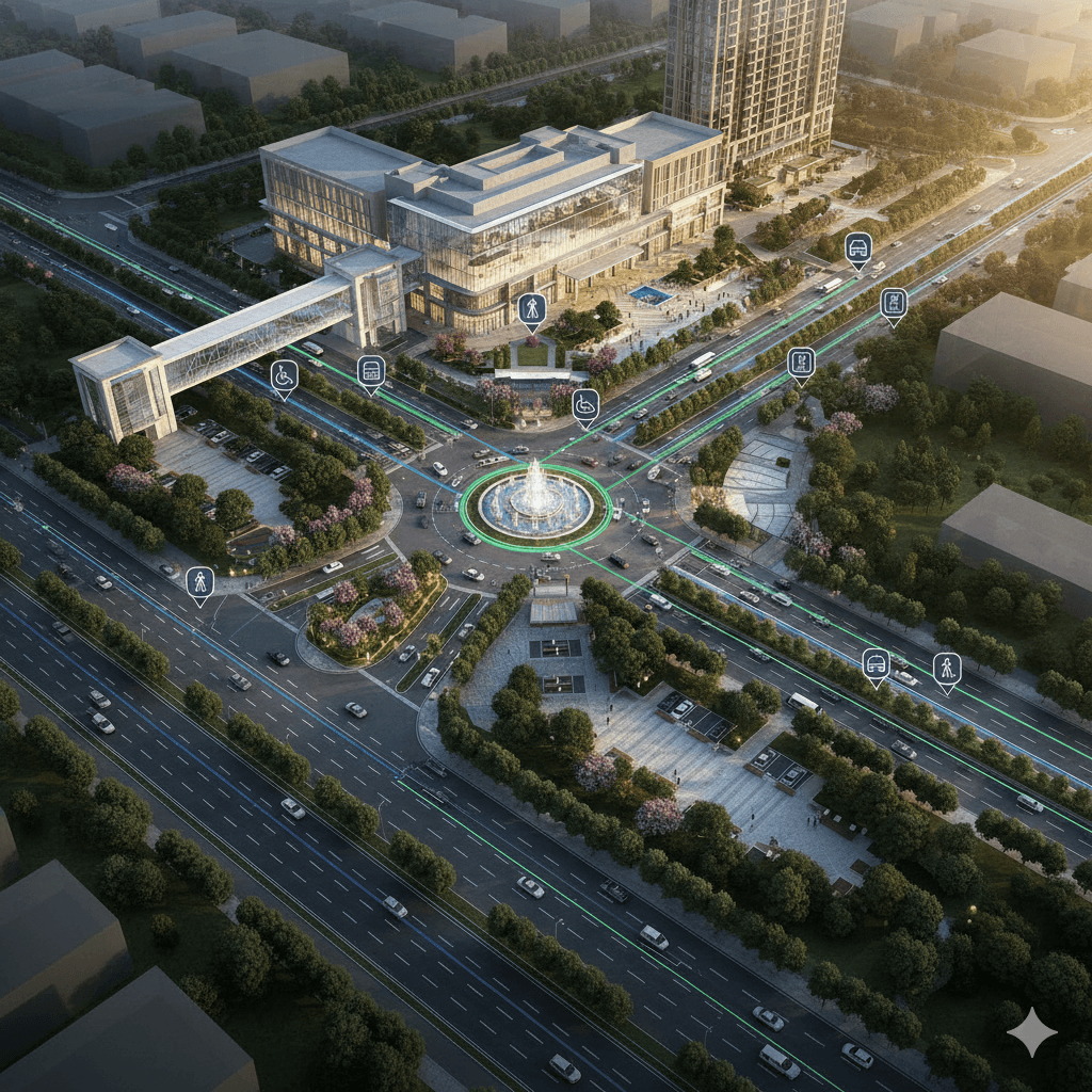 Multiple entry access points commercial complex visitor flow Dwarka