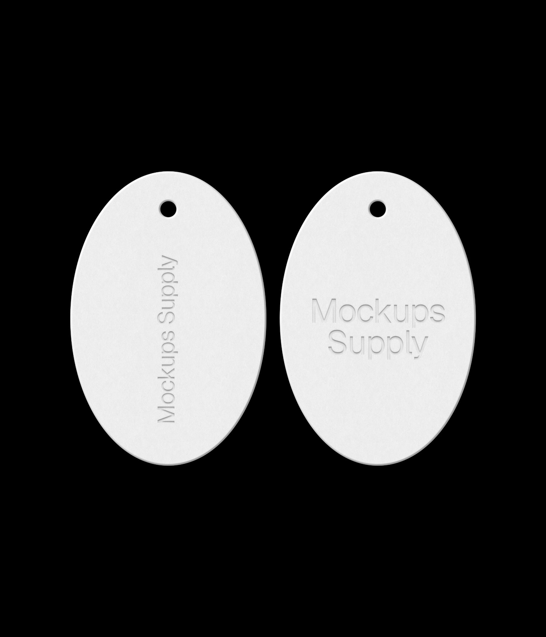 Premium oval hang tags mockup for Photoshop featuring realistic debossed logo effect. High resolution PSD with editable tag color, design, and background. Perfect for fashion branding, clothing labels, and retail packaging presentations.