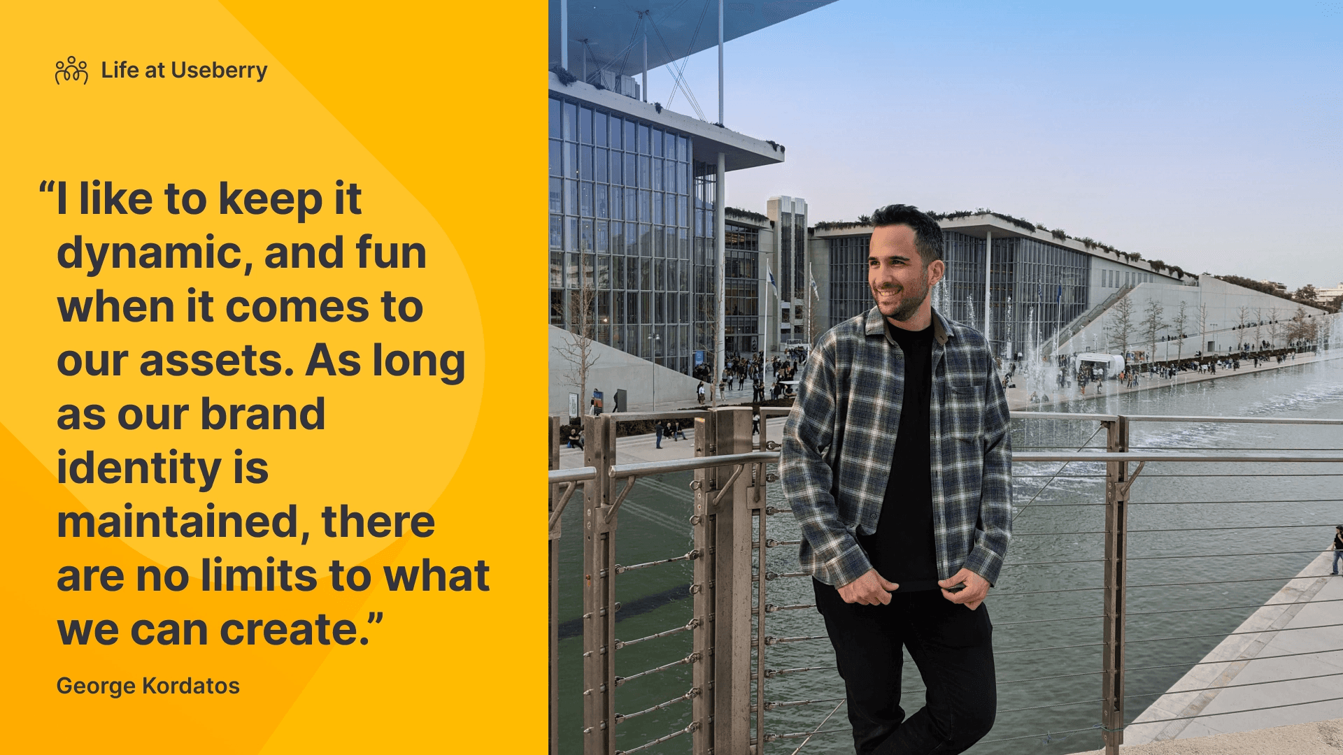 Image of George Kordatos, the head of design at Useberry with a quote from his interview placed next to it.