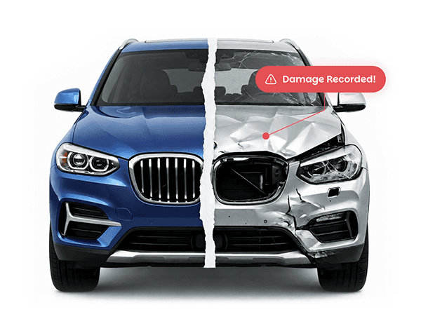 A BMW X3 split in half, illustrating a pristine condition car on the left and a heavily crashed car on the right with a damage recorded alert, showing the importance of a VIN check.