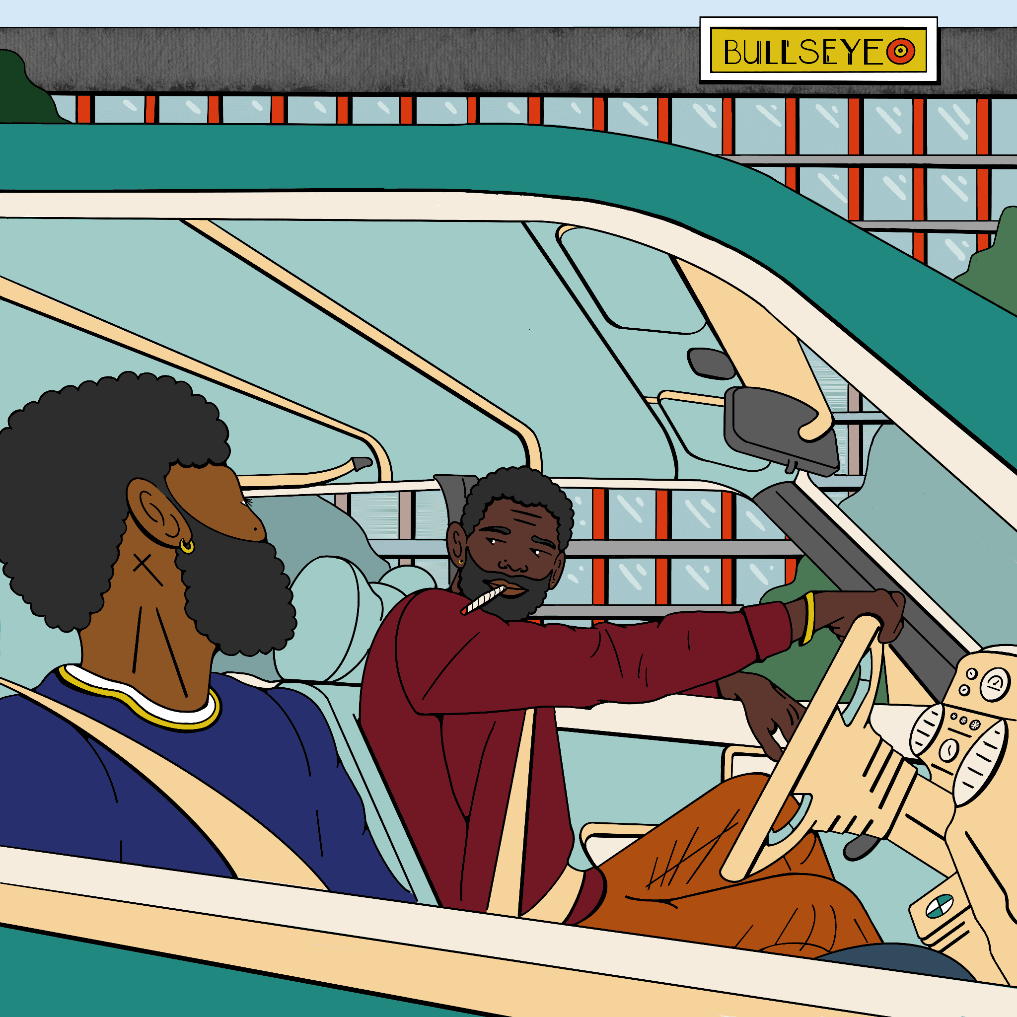 Illustration depicting two Black men riding in a car together.