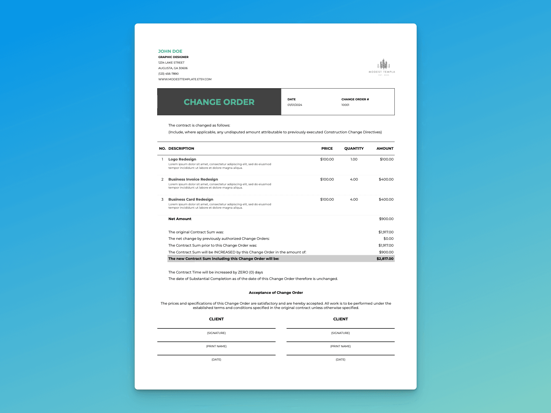 Change Order template showing editable project revisions and updated contract totals in a clean, professional layout.