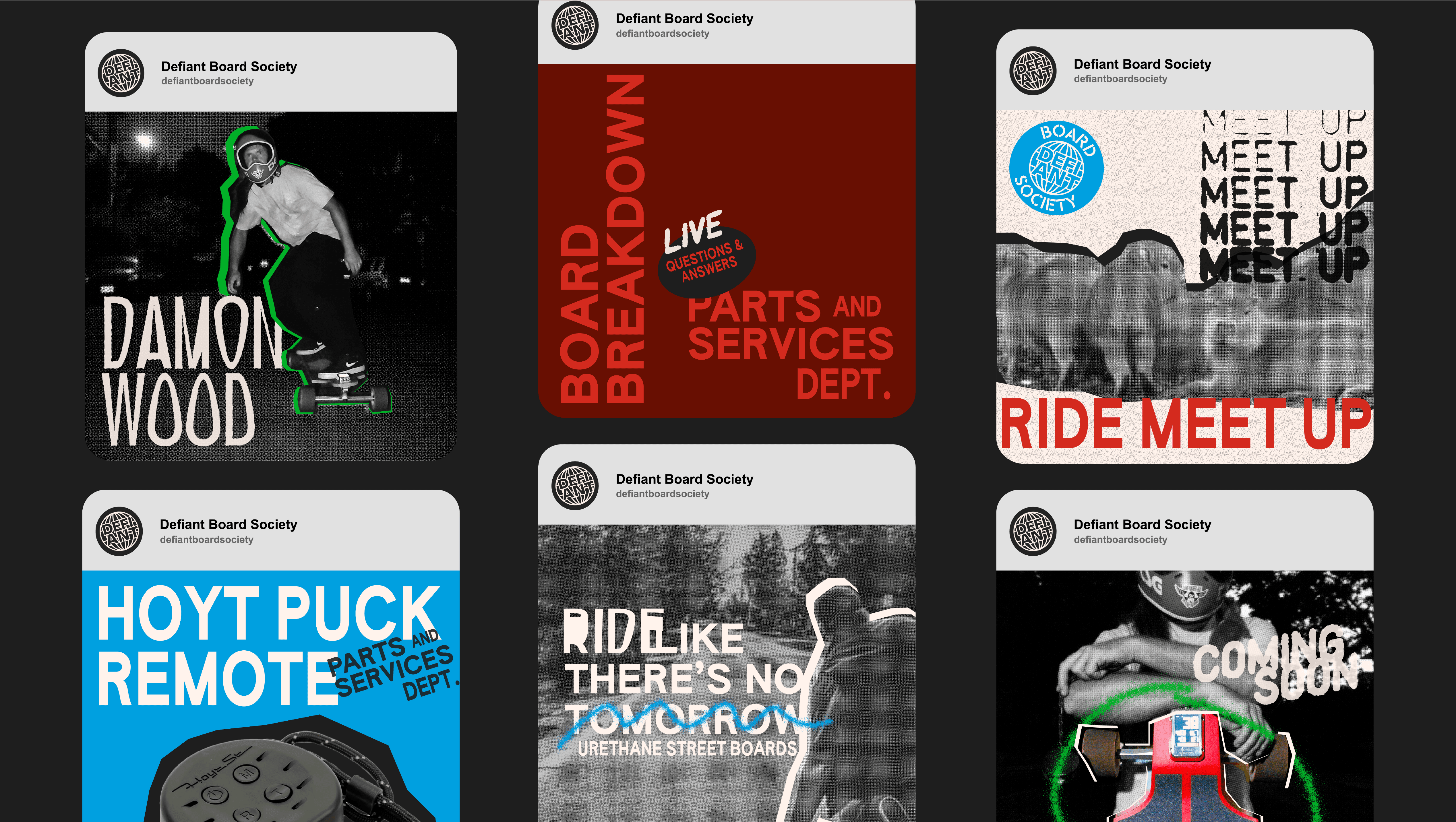 Grid of branded social media posts featuring riders, product graphics, and bold Defiant Board Society typography