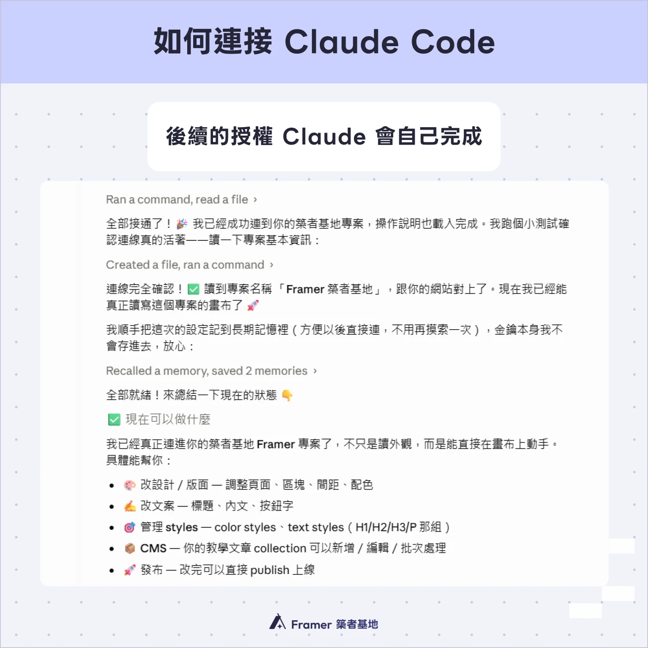 Claude Code 完成 Framer 專案授權後,即可下指令編輯網頁的對話畫面截圖