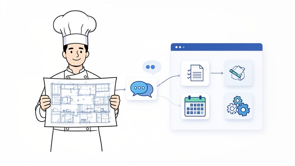 Cartoon chef holding a blueprint connected to a digital workflow system with various icons.