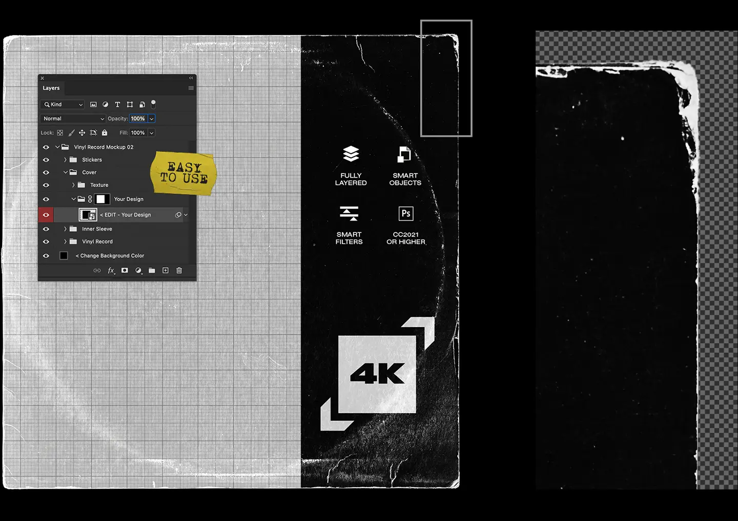 Vinyl record mockup close up showing distressed album cover texture detail