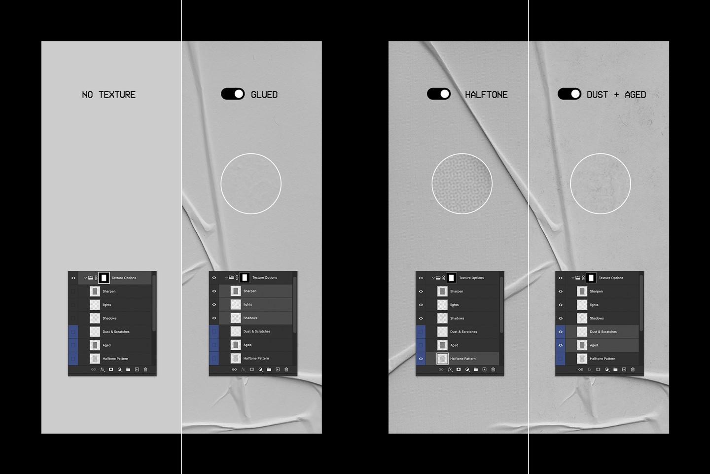 Glued A2 Poster Mockup demonstration showing toggles for halftone patterns and dust and aged textures