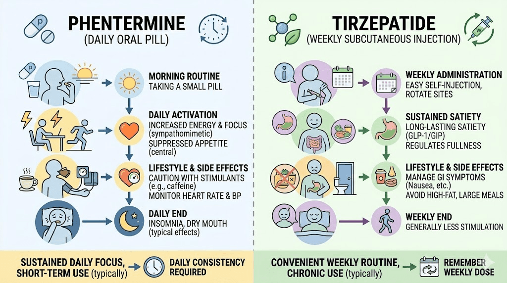 Daily life comparison phentermine oral pill vs tirzepatide weekly injection