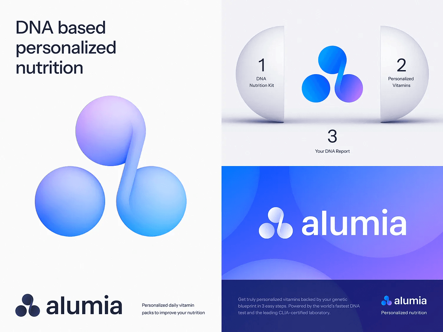 Graphic showcasing a logo for Alumia, featuring three gradient spheres and the phrase "DNA-based personalized solutions."